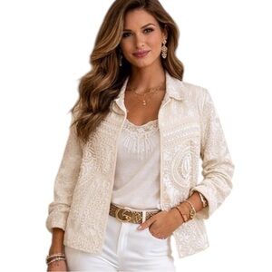 Coldwater Creek Ivory Silk Embroidered Jacket & Tank M Boho Cottagecore Artisan